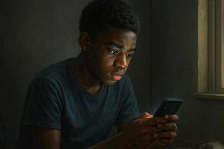 A boy engrossed with his tablet in a dark room